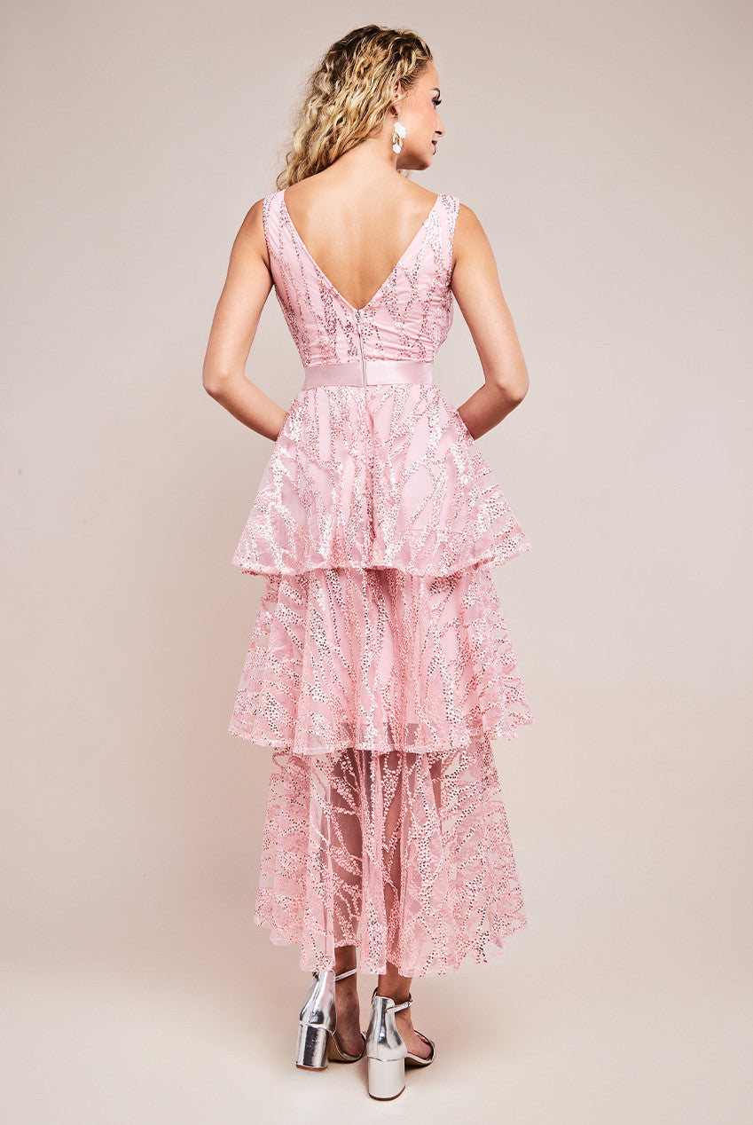 Embroidered Mesh Tiered Midi Dress