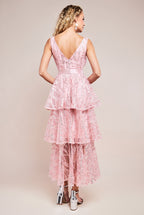 Embroidered Mesh Tiered Midi Dress