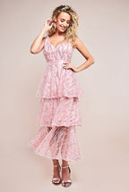 Embroidered Mesh Tiered Midi Dress