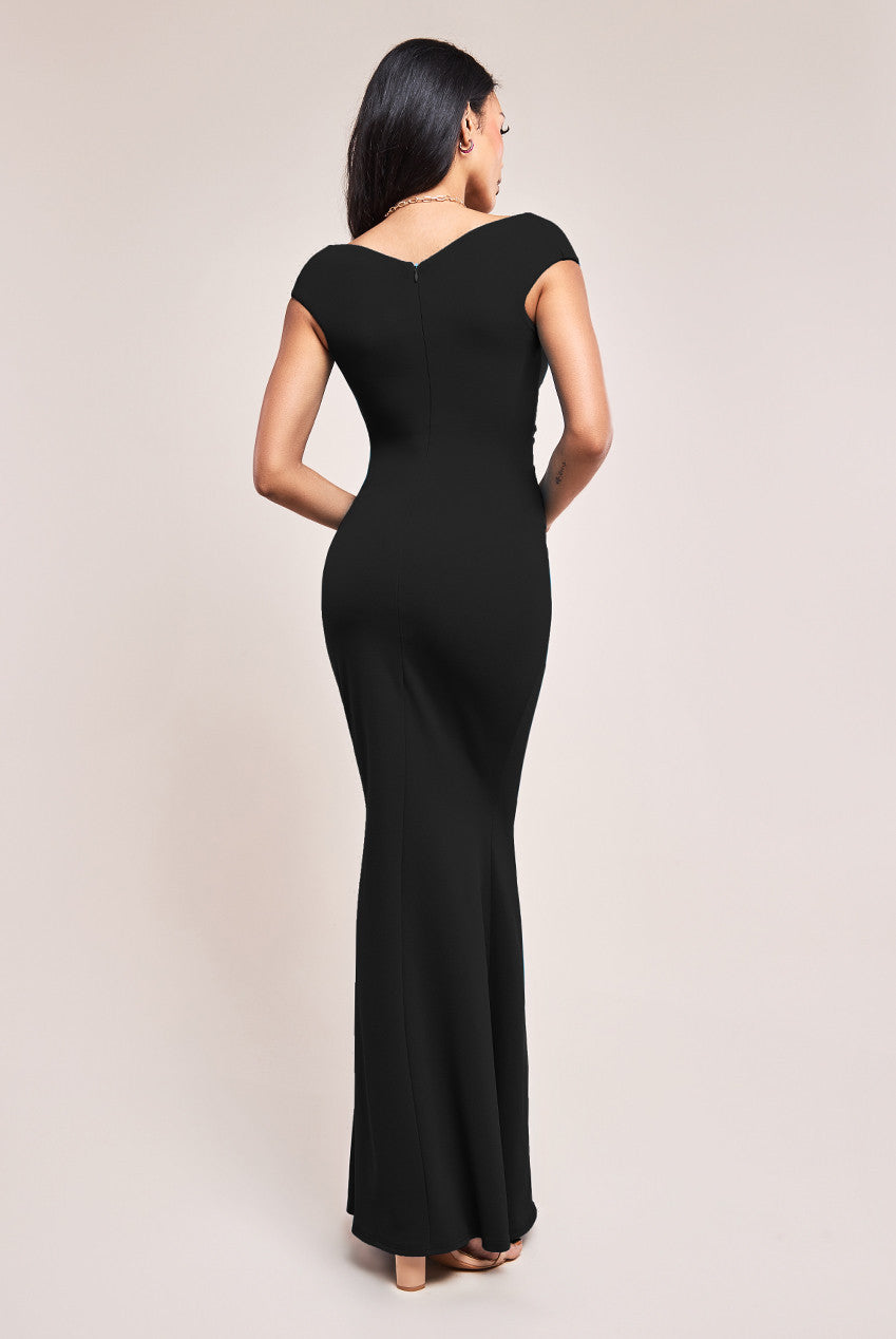 Scuba Crepe Pleated Bardot Maxi Dress