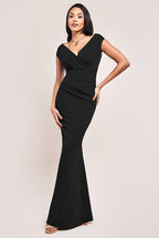 Scuba Crepe Pleated Bardot Maxi Dress