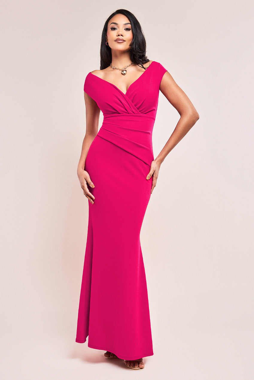 Scuba Crepe Pleated Bardot Maxi Dress