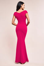 Scuba Crepe Pleated Bardot Maxi Dress