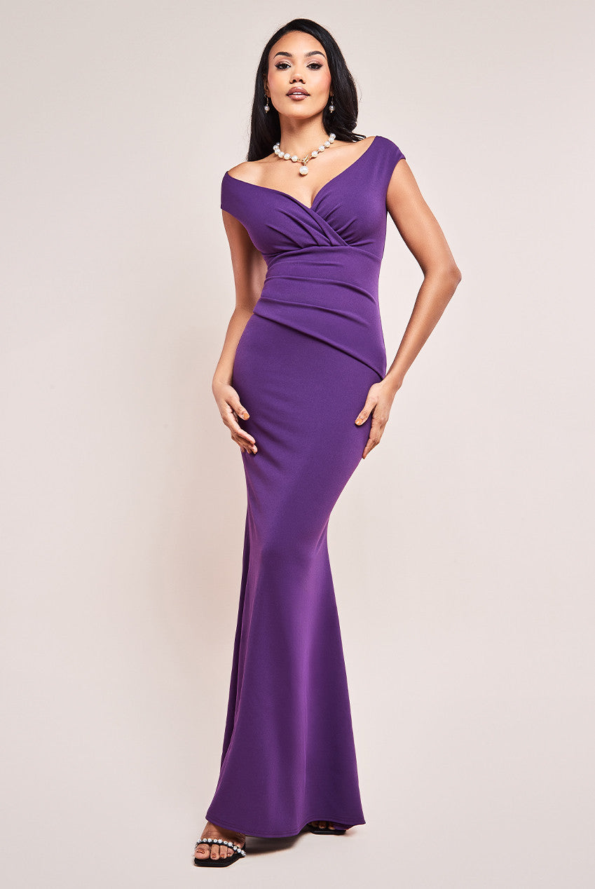 Scuba Crepe Pleated Bardot Maxi Dress