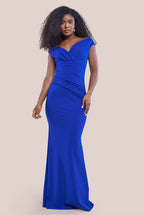 Scuba Crepe Pleated Bardot Maxi Dress