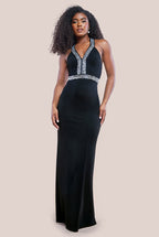 Scuba Crepe Diamonte Embellished Halter Neck Maxi Dress
