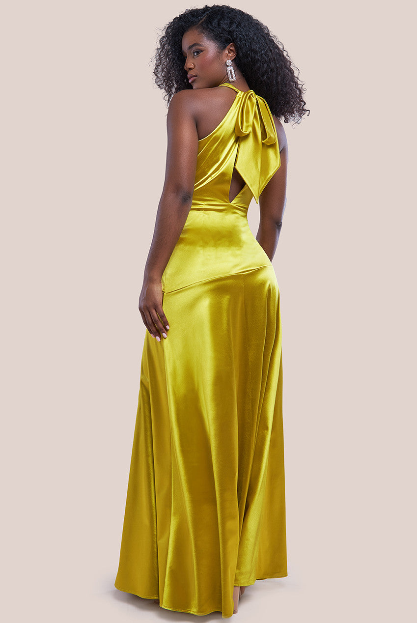 Halter Neck Front Split Satin Maxi Dress