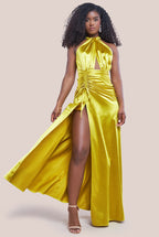 Halter Neck Front Split Satin Maxi Dress