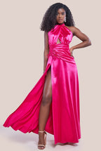 Halter Neck Front Split Satin Maxi Dress