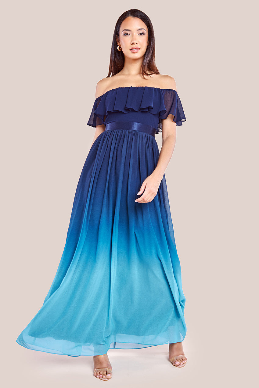 Ombre Chiffon Bardot Frill A-Line Maxi Dress