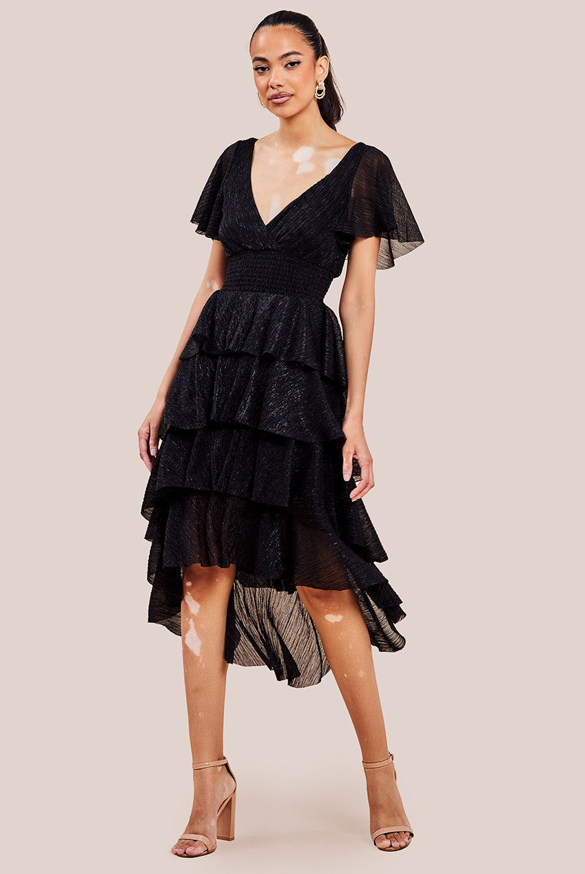 Crinkle Lurex High Low Layered Midi Dress