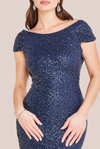 Open Back Cowl Patterned Sequin Maxi Dress