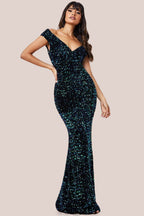 Multi Sequin & Velvet Bardot Maxi Dress