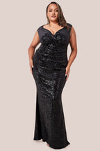 Patterned Sequin Velvet Wrap Bodice Maxi Dress
