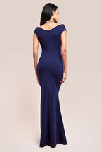 Scuba Crepe Pleated Bardot Maxi Dress