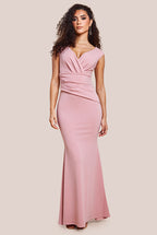 Scuba Crepe Pleated Bardot Maxi Dress