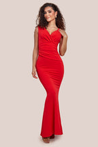 Scuba Crepe Pleated Bardot Maxi Dress