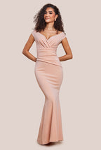 Scuba Crepe Pleated Bardot Maxi Dress