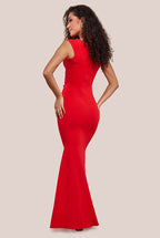 Scuba Crepe Pleated Bardot Maxi Dress