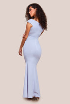 Scuba Crepe Pleated Bardot Maxi Dress