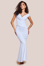 Scuba Crepe Pleated Bardot Maxi Dress