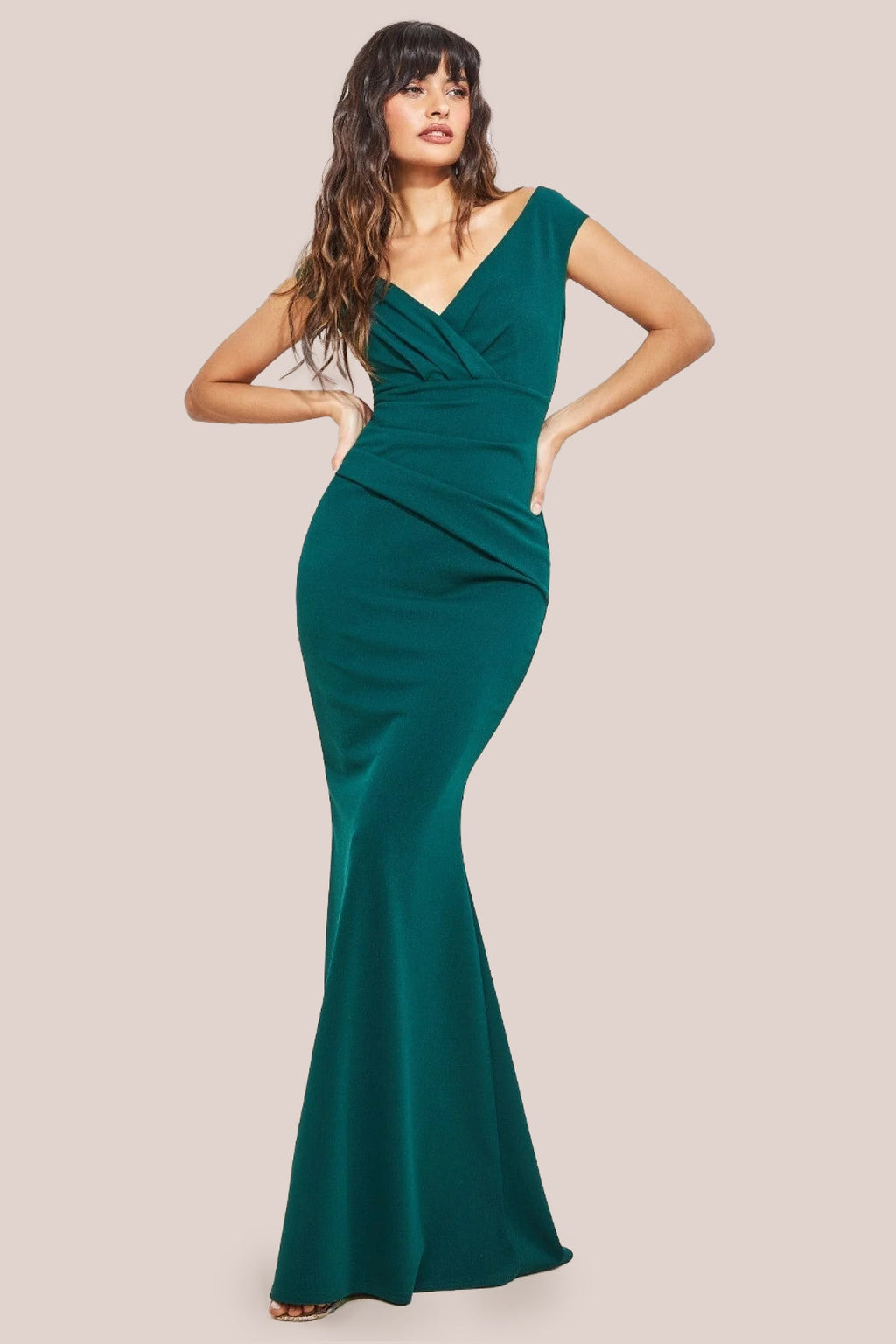 Scuba Crepe Pleated Bardot Maxi Dress