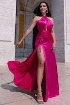 Halter Neck Front Split Satin Maxi Dress