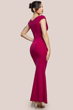 Scuba Crepe Pleated Bardot Maxi Dress