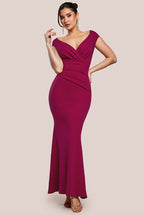 Scuba Crepe Pleated Bardot Maxi Dress