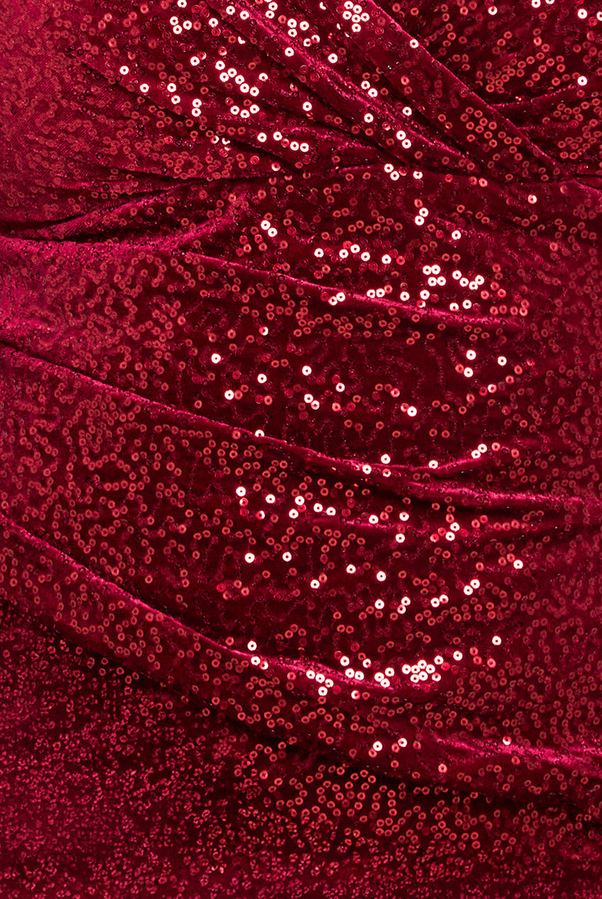 Patterned Sequin Velvet Wrap Bodice Maxi Dress