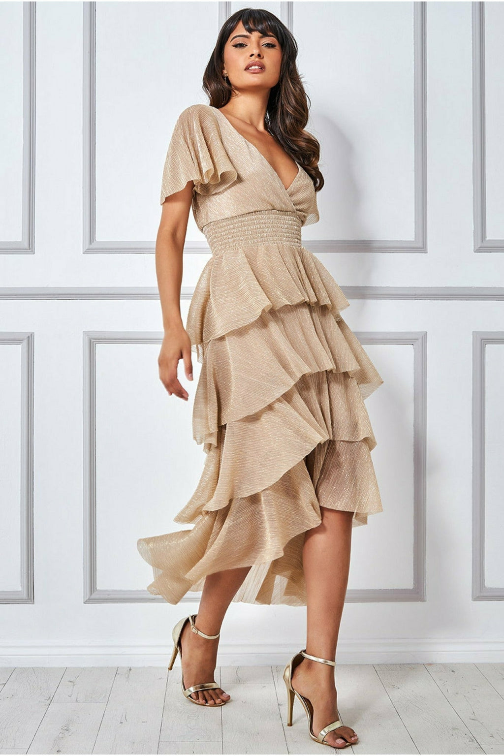 Crinkle Lurex High Low Layered Midi Dress