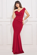 Scuba Crepe Pleated Bardot Maxi Dress