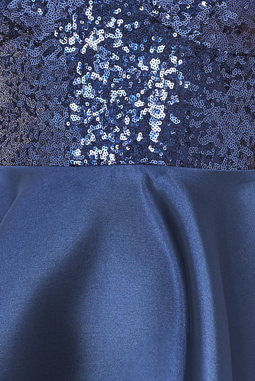 Sequin And Satin Multilayered Hi-Low Mini Skater Dress