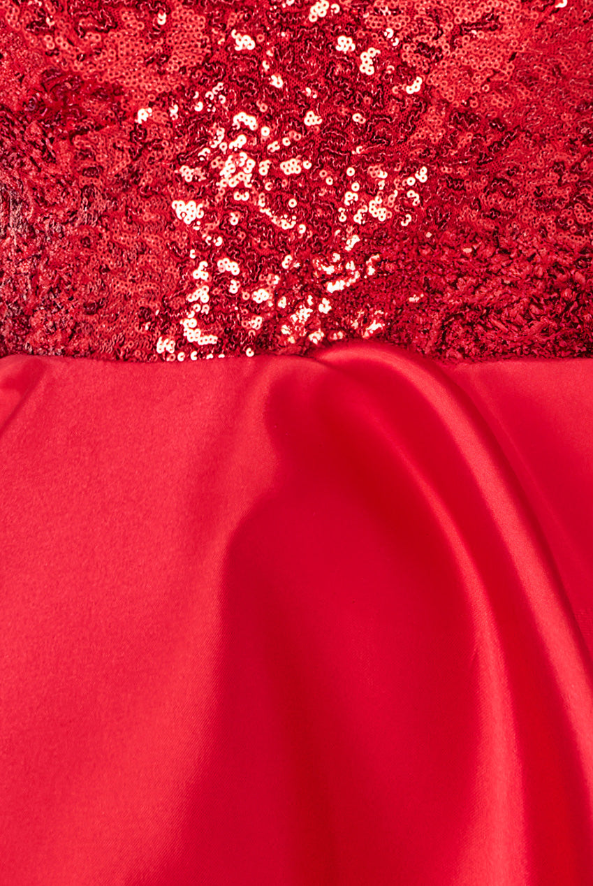 Sequin And Satin Multilayered Hi-Low Mini Skater Dress