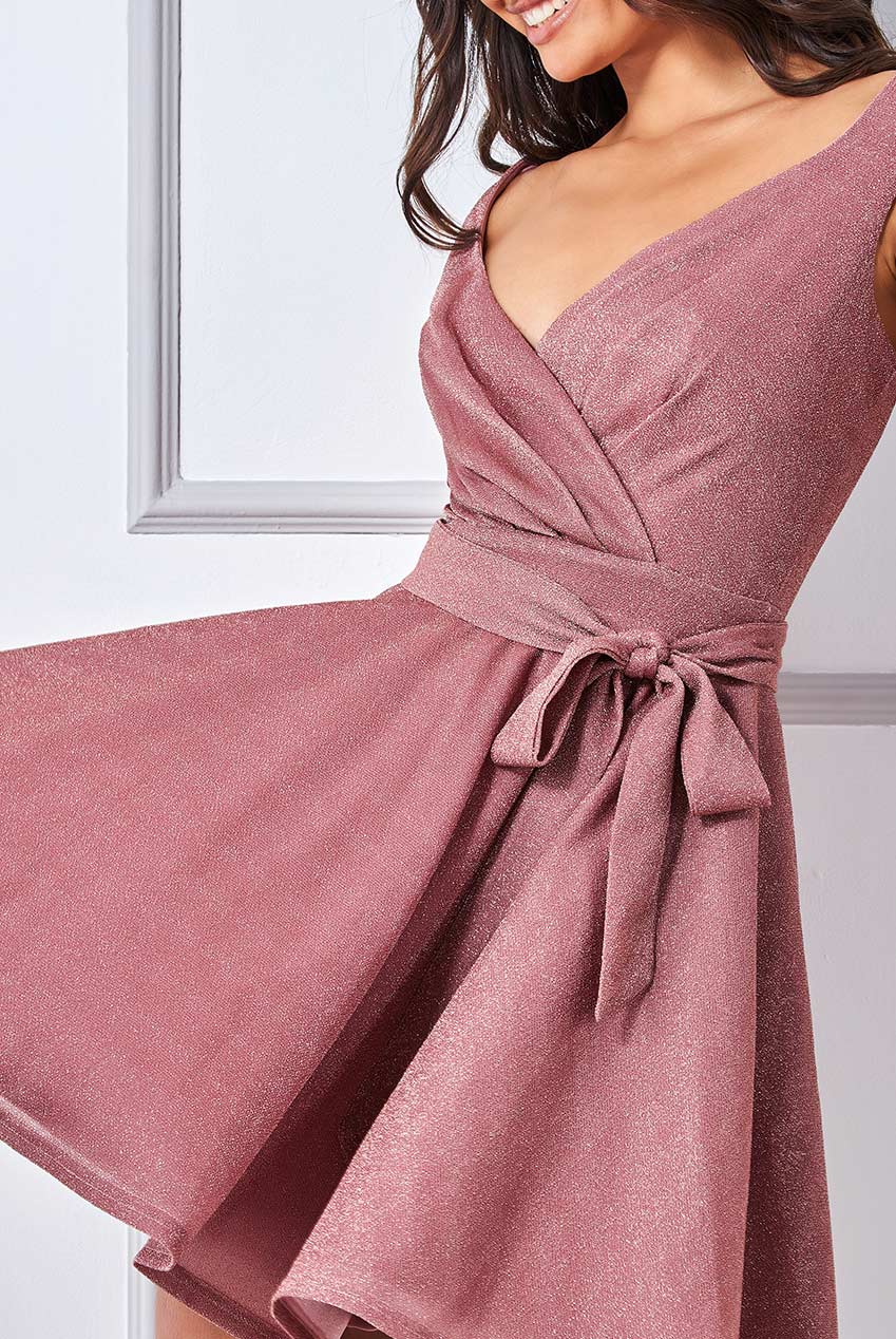 Wrap Bodice Lurex Skater Dress With Belt