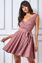 Wrap Bodice Lurex Skater Dress With Belt