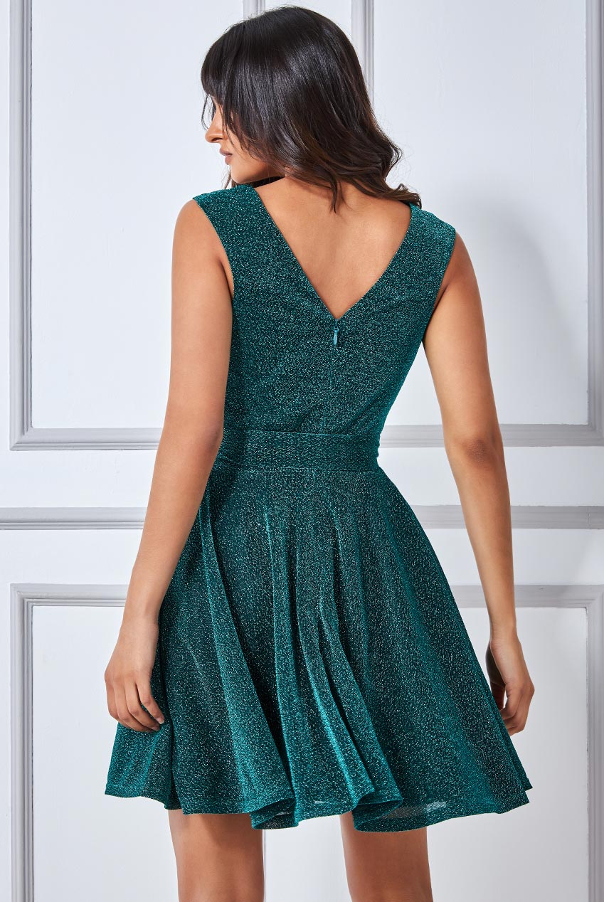 Wrap Bodice Lurex Skater Dress With Belt