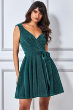 Wrap Bodice Lurex Skater Dress With Belt