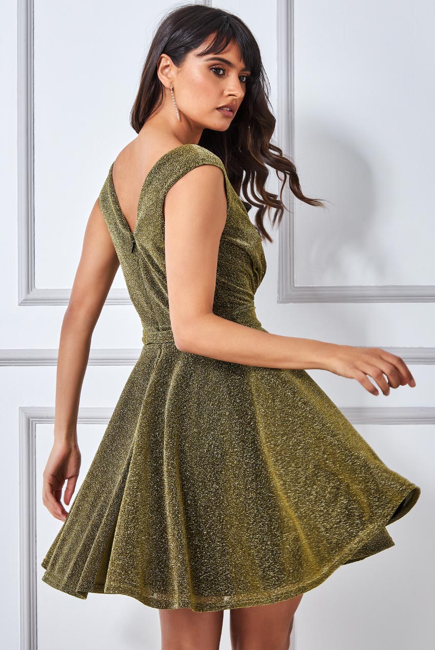 Wrap Bodice Lurex Skater Dress With Belt