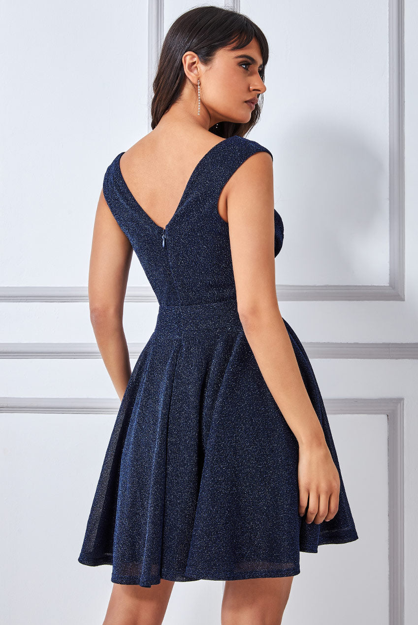 Wrap Bodice Lurex Skater Dress With Belt