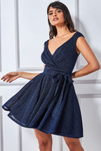 Wrap Bodice Lurex Skater Dress With Belt