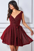 Wrap Bodice Lurex Skater Dress With Belt