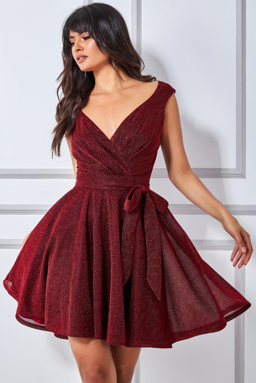 Wrap Bodice Lurex Skater Dress With Belt