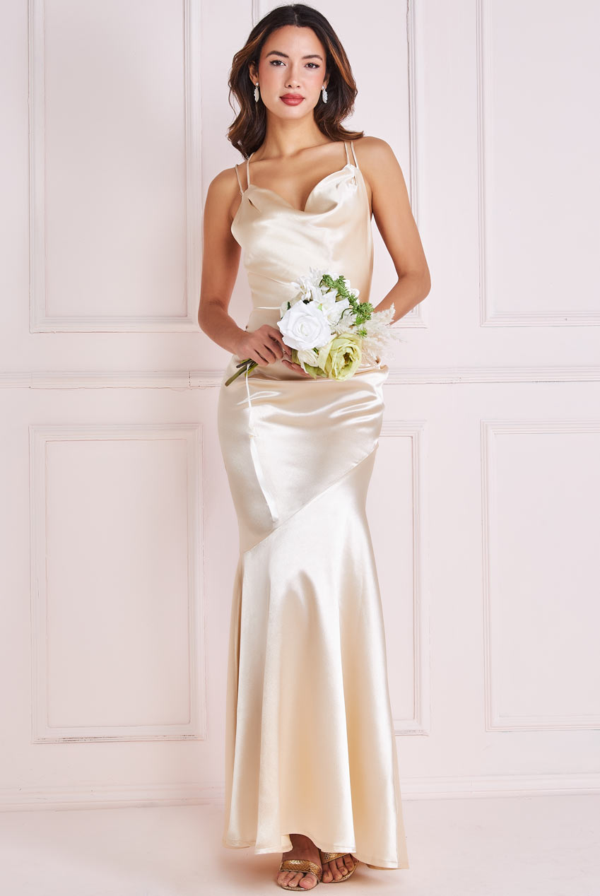Cowl Neck Satin Maxi Dress With Strappy Back