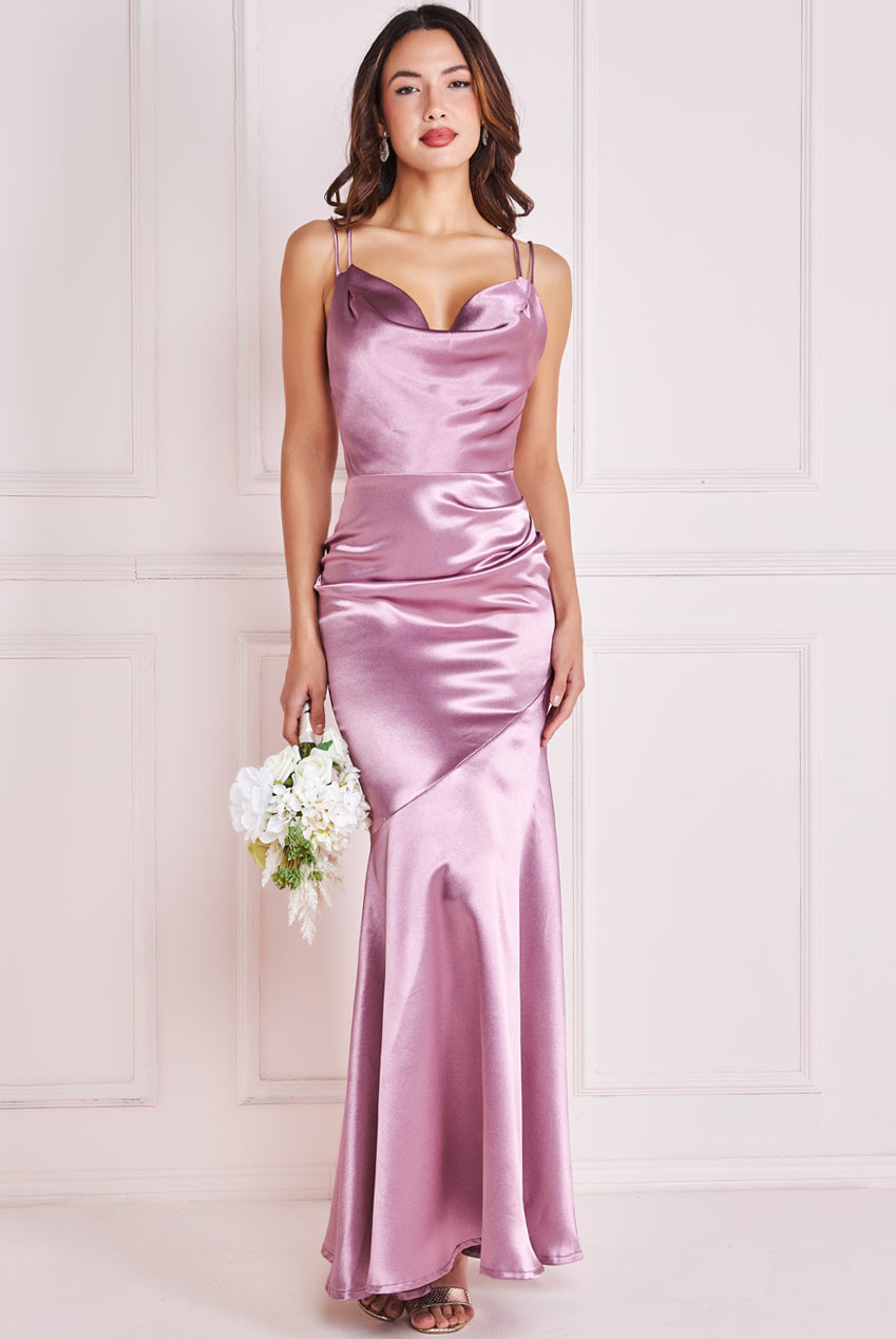 Cowl Neck Satin Maxi Dress With Strappy Back