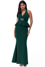 Peplum Halter Neck Maxi With Diamante Buckle