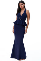 Peplum Halter Neck Maxi With Diamante Buckle