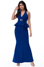 Peplum Halter Neck Maxi With Diamante Buckle