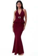 Peplum Halter Neck Maxi With Diamante Buckle