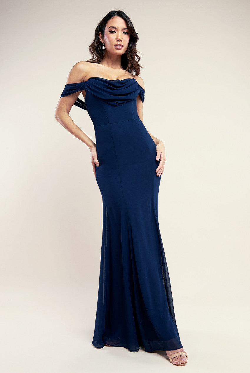 Chiffon Bardot Cowl Neck Maxi Dress